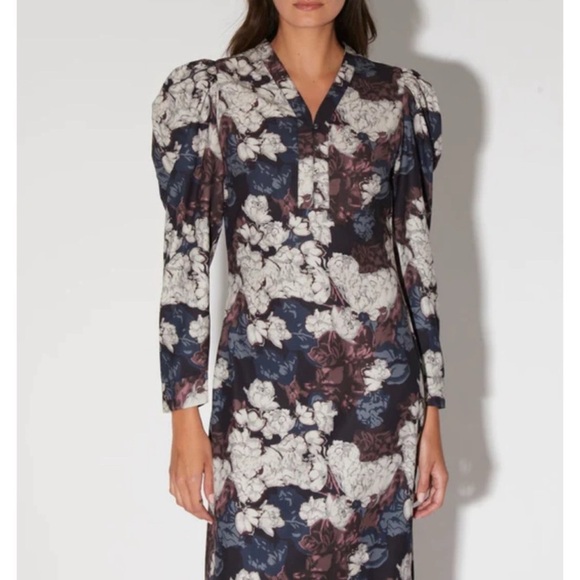Walter Baker Floral Maxi Dress S Long Sleeve Puff Shoulder Slit Detail Kendall - Picture 2 of 14